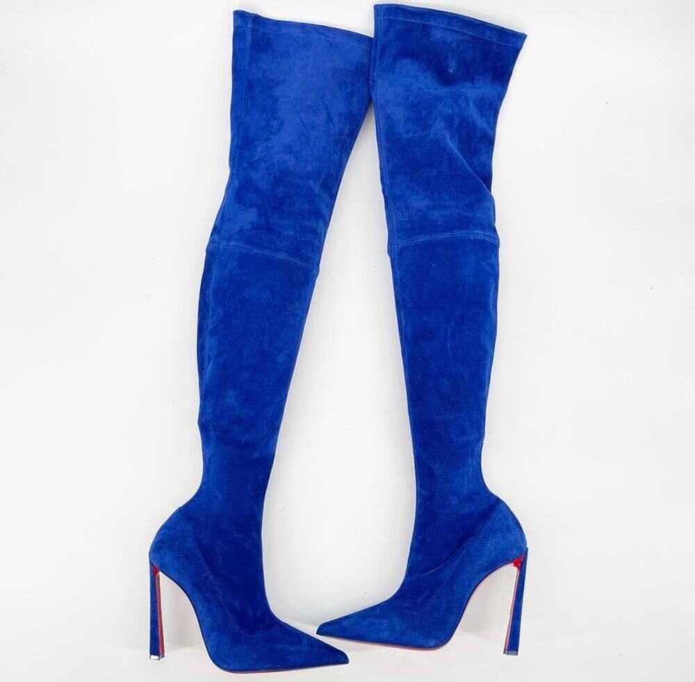 Christian Louboutin Condora Galactiqueen Blue Suede Thigh High Boots EU 41.5